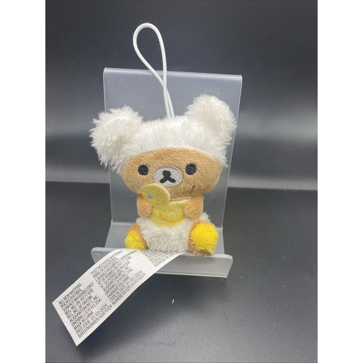 San-X Rilakkuma 2” Hanging Micro Plush Toy Baby Bear Holding Rubber Duckie-RARE