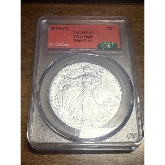 2025 (P) Silver Eagle, EAGLE PRIVY, certified MS 69 by CAC!