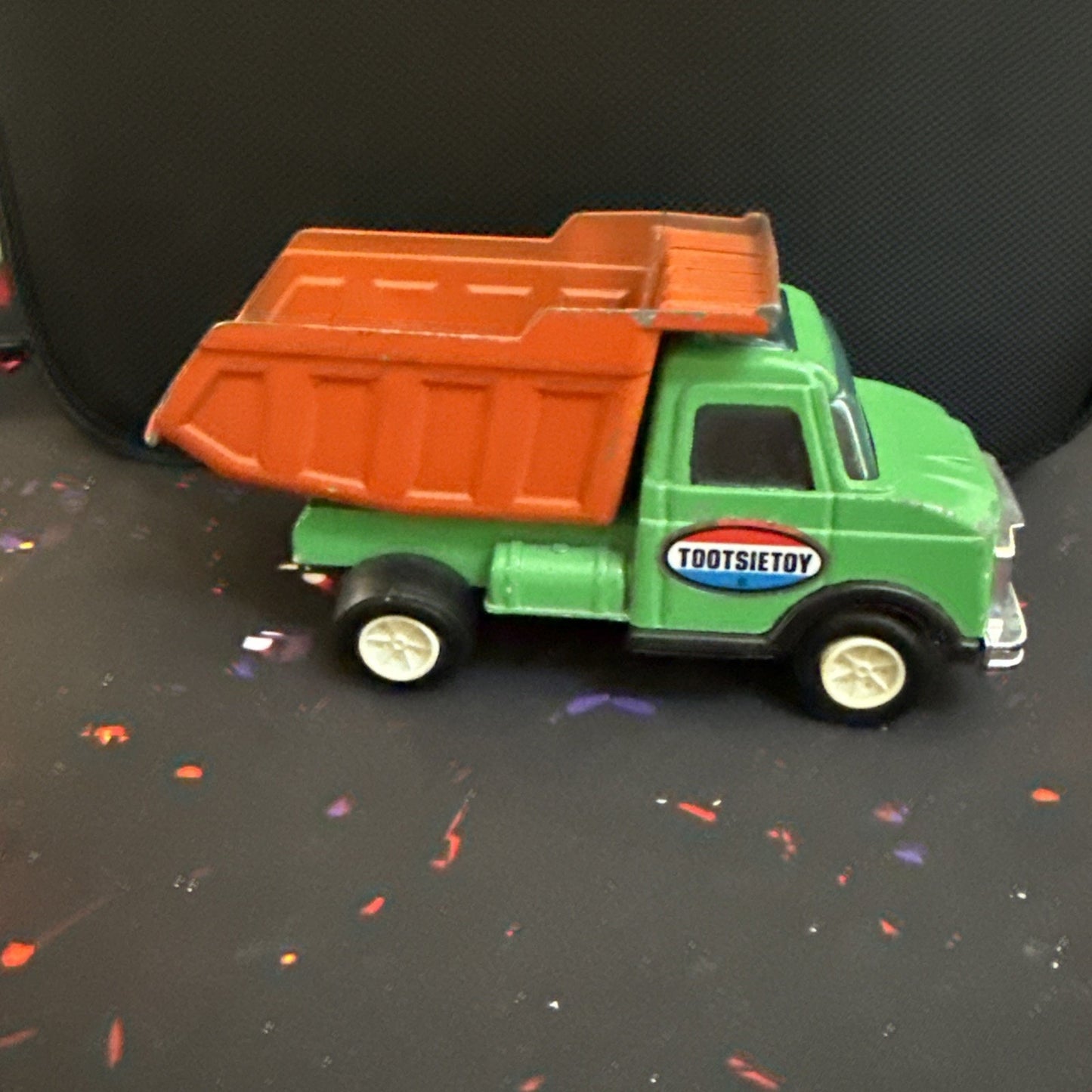 Vintage Tootsie Toy Dump Truck Green And Orange 5.75” Long Pressed Metal Car