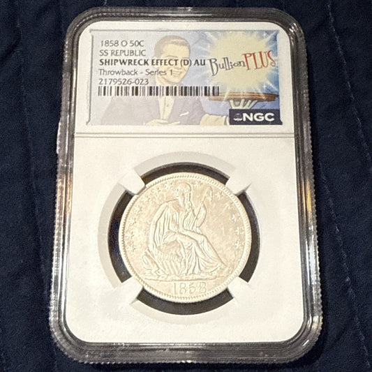 AU 1858 O 50c Seated Liberty Half Dollar NGC SS Republic Shipwreck Treasure Coin - toyscardscomics
