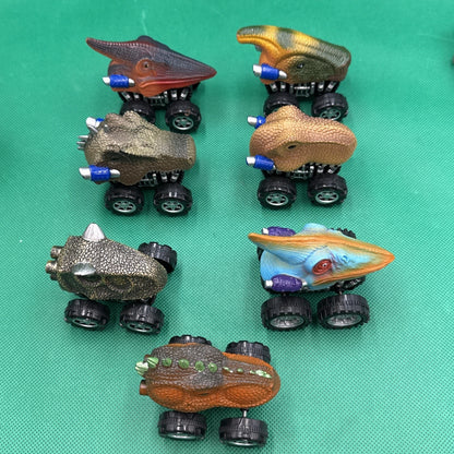Lot Of 7 Dinosaur Head Pull Back Wind Up Monster Trucks T-Rex, Triceratop & More