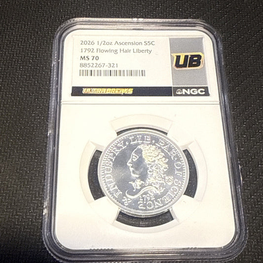 2026 1/2 oz Ascension 5c "1792 Flowing Hair Liberty" NGC MS-70