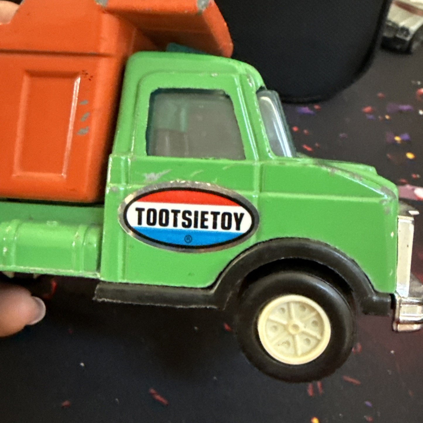 Vintage Tootsie Toy Dump Truck Green And Orange 5.75” Long Pressed Metal Car