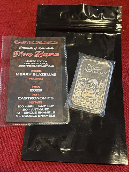 Castronomics "Merry Blazemas" Satin BU Finish One(1) Oz .999 Fine Silver Art Bar - toyscardscomics