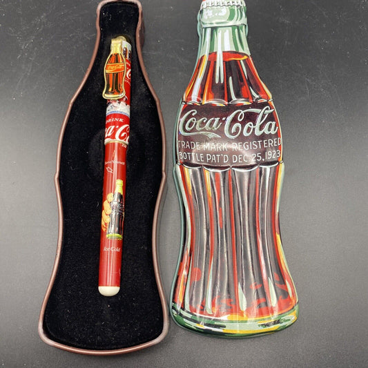 Coca Cola Bottle Shaped Tin Box with Pen 1886 Coke Began - toyscardscomics