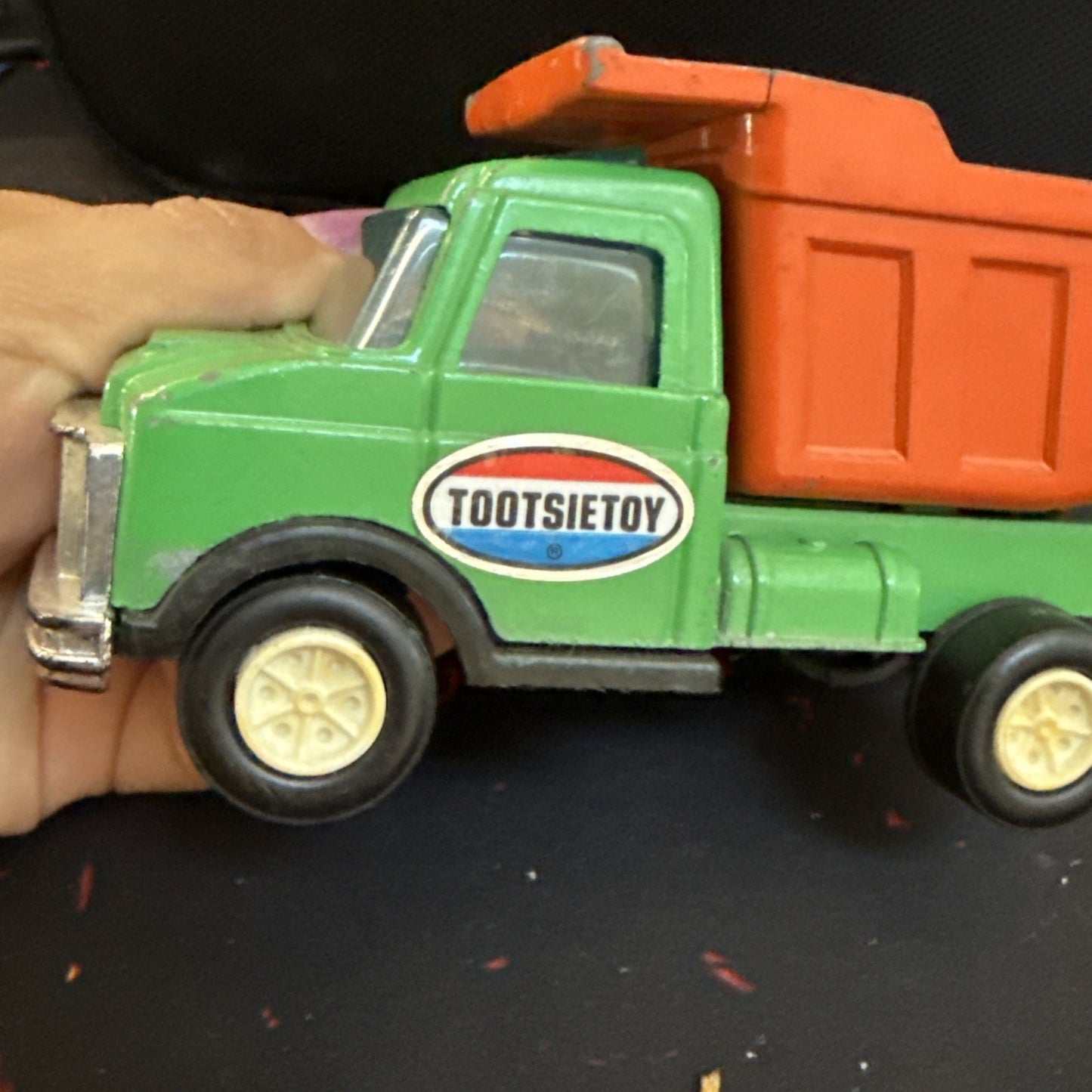 Vintage Tootsie Toy Dump Truck Green And Orange 5.75” Long Pressed Metal Car