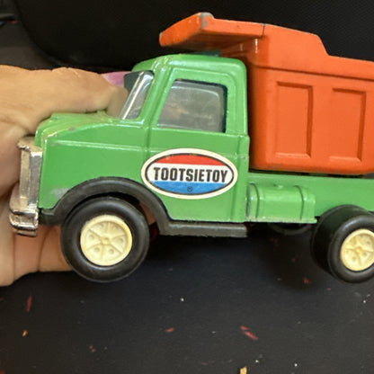 Vintage Tootsie Toy Dump Truck Green And Orange 5.75” Long Pressed Metal Car