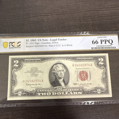 DBR 1963 - A $2 Legal Gem Fr. 1514 PCGS - B 66 PPQ Serial A04592974A - toyscardscomics