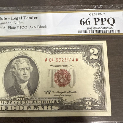 DBR 1963 - A $2 Legal Gem Fr. 1514 PCGS - B 66 PPQ Serial A04592974A - toyscardscomics