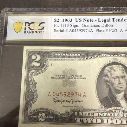 DBR 1963 - A $2 Legal Gem Fr. 1514 PCGS - B 66 PPQ Serial A04592974A - toyscardscomics