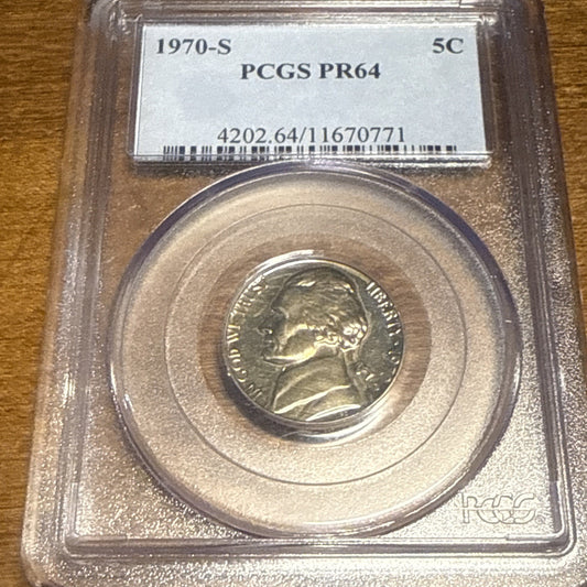1970 S 5C Jefferson Nickel PCGS PR64 Light Toner