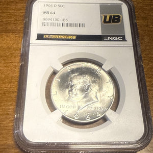1964 D 50C Kennedy Half Dollar NGC MS64. Ultra Breaks Silver Label