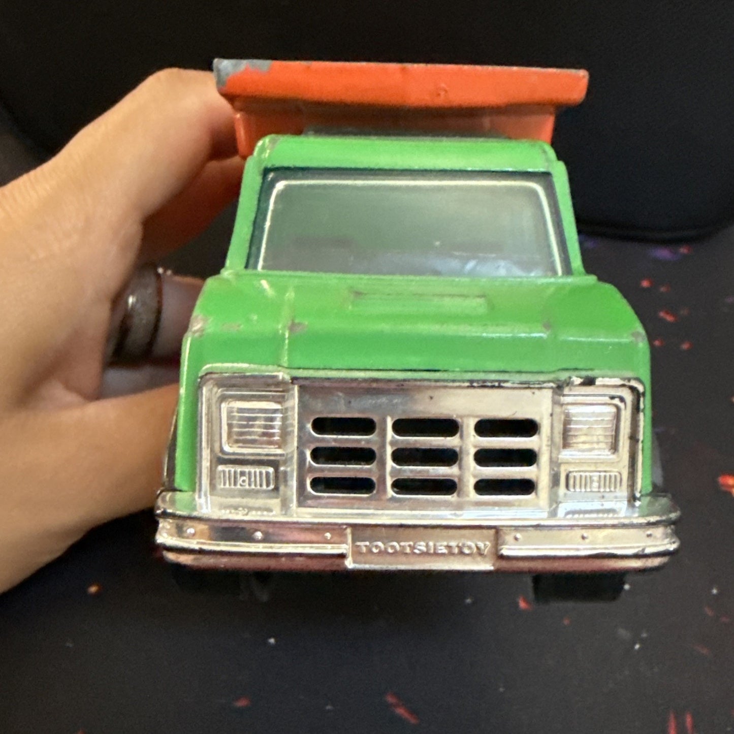 Vintage Tootsie Toy Dump Truck Green And Orange 5.75” Long Pressed Metal Car