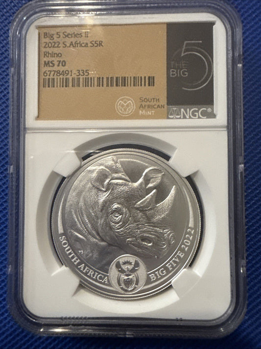 MS70 Silver 1 oz NGC First Releases Big 5 Series S5R South Africa Rhino 2022 - toyscardscomics