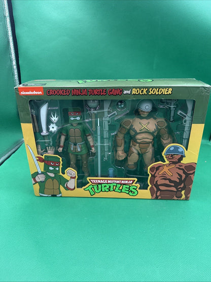 NECA TMNT CROOKED NINJA TURTLE GANG & ROCK SOLDIER CARTOON 2PACK - toyscardscomics