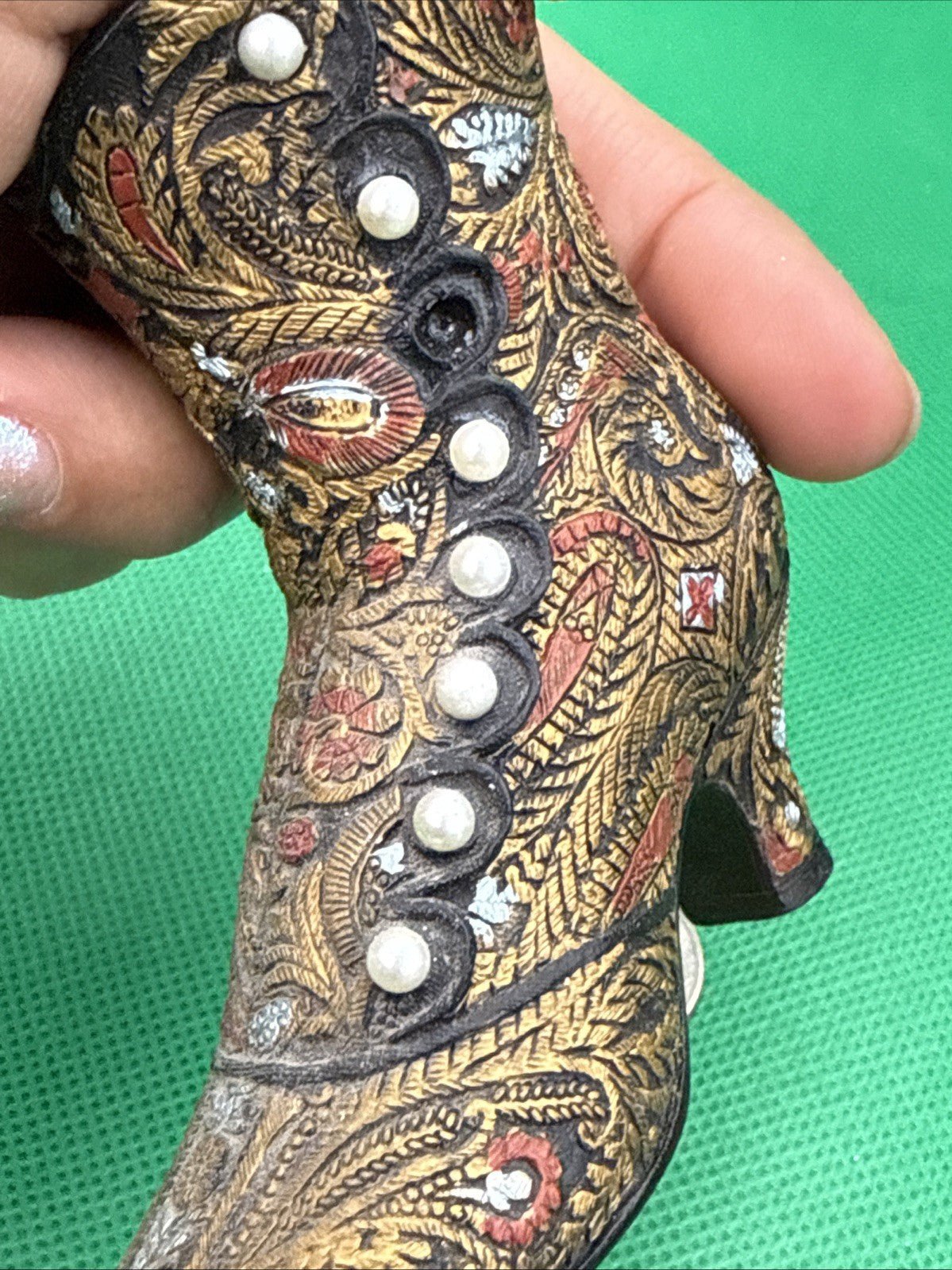 Popular Imports Victorian Boot Shoe Figurine Pearl Button Black Gold - toyscardscomics