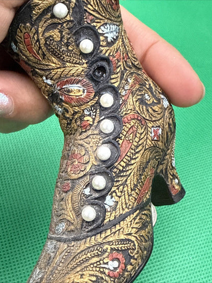 Popular Imports Victorian Boot Shoe Figurine Pearl Button Black Gold - toyscardscomics